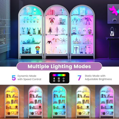 Gurexl 5-Tier Arched Glass Display Cabinet, Motion Sensor RGB LED Showcase with Music Sync Light & Adjustable Shelves, Tempered Glass Curio Cabinet for Action Figures Trophies Collectibles, White - color: White-80008a