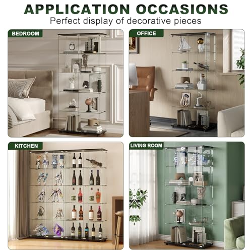 Glass Display Cabinet with 5-Shelf Double Doors and Lock, 5mm Tempered Glass Floor Standing Bookshelf for Living Room, Bedroom, Office, 72 x 32 x 14 in, Black - size: 72 x 32 x 14 in -5-Tier