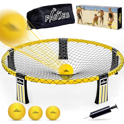 Outdoor Beach Ball Game Includes 3 Balls, Net and Carrying Bag -Roundnet Game Set for Adults, Kids, and Family - Perfect for Beach, Yard, Lawn, Backyard, and Park - color: Yellow
