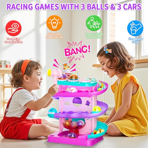 Funwee 2-in-1 Light Up Rolling Ball & Racing Car Ramp Toddler Toy, Race Track Hammer Ball Drop Toys, Interactive Montessori Learning Game for Kids 1-5+ Year Old Girl Boy Gift(Pink) - color: Pink