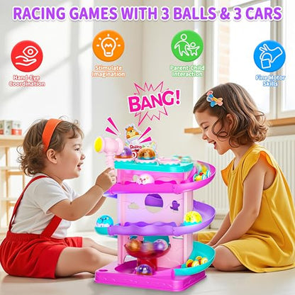 Funwee 2-in-1 Light Up Rolling Ball & Racing Car Ramp Toddler Toy, Race Track Hammer Ball Drop Toys, Interactive Montessori Learning Game for Kids 1-5+ Year Old Girl Boy Gift(Pink) - color: Pink