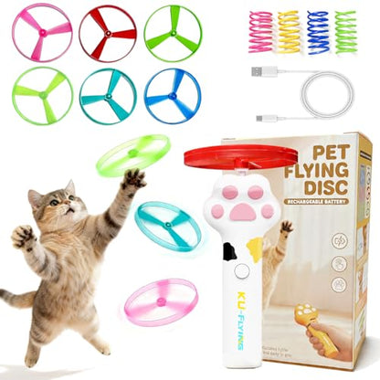 Interactive Cat Toys for Indoor Cats, Rechargeable Flying Disc Launcher with Adjustable Launch Distance & LED Lights, 4 Cat Spring Toys for Bored Adult Kittens, Automatic Cat Toy for Small Dog Fetch