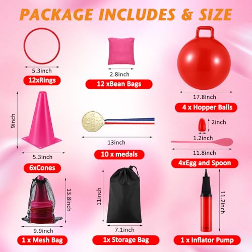 Sotiff 55 Pcs Valentine's Day Games for Kids Carnival Activity Galentine Games with Hopper Balls, Ring Toss, Bean Bags, Egg Spoon Relay Race for Classroom Indoor Outdoor Family Party Yard Supplies