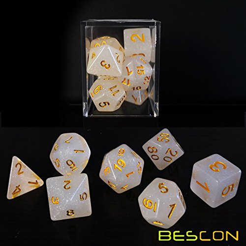 Bescon Intensive Glitter DND Dice 7pcs Set Veil Mist, New Glitter Polyhedral Die Set d4 d6 d8 d10 d12 d20 d%, Brick Box Package - color: Veil Mist Set