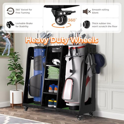 Golf Bag Organizer for 2-Bags Storage - Wooden Golf Bag Stand Rack with Wheels, Heavy Duty Space Saving Golf Club Holder, for Golfers, Husband, Father