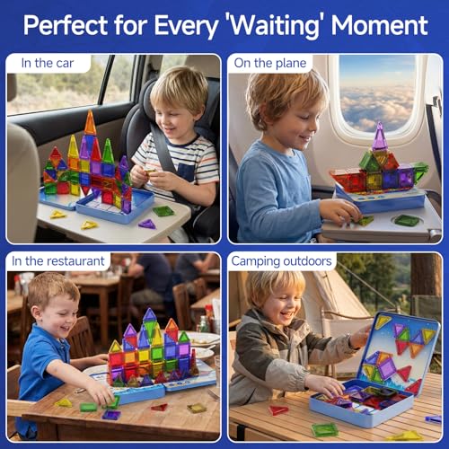 WMXDU 60 PCS Magnetic Tiles Travel Set for Kids, Portable Magnetic Building Blocks with Tin Box, Car Rides Airplane Road Trip Activities, Birthday Gift for Boys - style: 60pcs-Blue