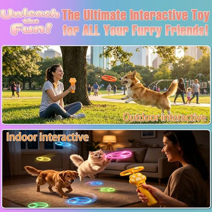 Cat Fetch Toy Auto Launcher 6 Discs 30m Range USB-C Rechargeable | Upgraded automatic disc launcher with 6 premium discs (3 glow). 30m range, USB-C rechargeable. Interactive indoor cat toy.