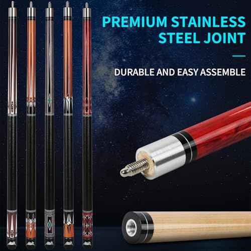 AKLOT Pool Cues, 5-Pack 58" Maple Pool Cue Stick, Pool Sticks for Adults - Perfect for Home Game Rooms, Bars & Billiard Halls, Pool Que 18 19 20 21 oz Pool Cue Set