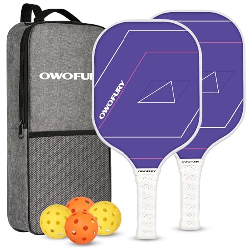 Fiberglass Pickleball Paddles Set of 2, Pickle Ball Racket Lightweight Honeycomb Core Control Paddle, with 4 Indoor Outdoor Balls and Bag for Men Women - color: Purple