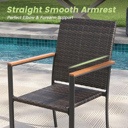 Patio Dining Set for 4, 37.8" Square Metal Table with Umbrella Hole and Stackable Wicker Patio Chairs, Outdoor Furniture Set for Deck Backyard Garden, Walnut Chairs, Black Table