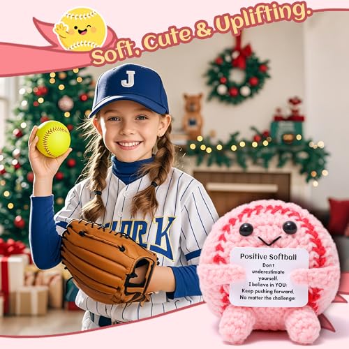 Mini Funny Positive Pink Softball Gifts for Girls, Knitted Wool Softball Crochet Toy with Positive Card, Cute Emotional Support Cheer Up Keepsake Gift for Kids Girls Women Friends Sister College - style: Softball