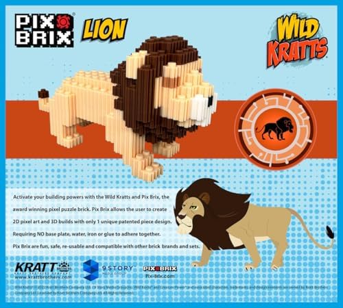 Pix Brix - Wild Kratts Toy Pixel Art Kit - Lion, 498 Pieces - Patented Slide + Stack Pixel Puzzle Building Bricks, Build & Collect Wild Kratts Animals - Stem Toys, Ages 6 Plus - style: Lion