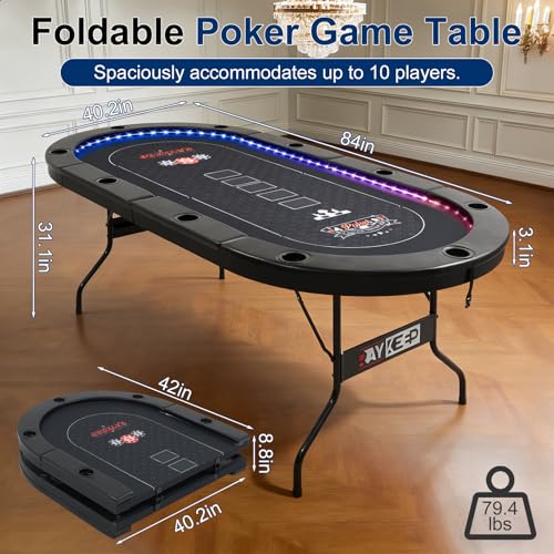 RAYKEEP LED Foldable Poker Table, 10 Players Folding Texas Holdem Blackjack Casino Table w/Inlaid 3-Color LED Light, Padded Rails & Cup Holders, Portable Card Game Table for Home Game Room & Parties - color: 84" Led