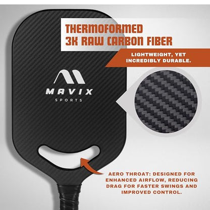 Mavix Pro Series Edgeless Carbon Fiber Pickleball Paddle – Edgeless, Elongated, T700 Raw Carbon, Thermoformed 16mm Core, Lightweight Control & Spin Paddle for Competitive Play