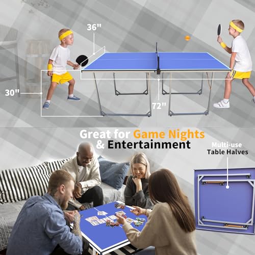 6ft Mid-Size Table Tennis Table Foldable & Portable Ping Pong Table Set for Indoor & Outdoor Games with Net, 2 Table Tennis Paddles and 3 Balls