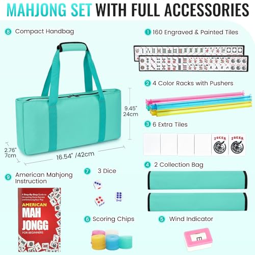American Mahjong Tile Set,166 White Tiles Mahjong Set,4 Colors Mahjong Racks,Travel Mahjong Set with Green Carrying Bag - style: Green Bag