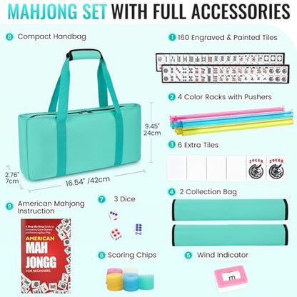 American Mahjong Tile Set,166 White Tiles Mahjong Set,4 Colors Mahjong Racks,Travel Mahjong Set with Green Carrying Bag - style: Green Bag