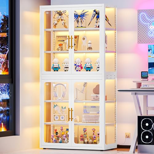 67" Display Cabinet with Glass Doors, 4-Tier Curio Cabinet with Many Color Lights for Collectibles, Glass Display Case, Bookcase with 4 Shelves, Storage Cabinets, White - color: White, size: 67''H+Led