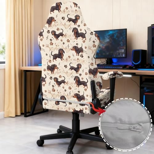 Suobstales Dachshund Paw Music Note Pattern Gaming Chair Covers Slipcovers, Office Chair Covers with Armrest Covers, 4Pc/Set Durable Stretchable Elastic Computer Chair Cover for Anti Cat Scratch - color: Dachshund Paw Music Note