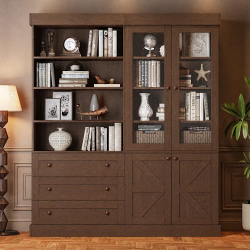 Vyre 71" Tall Farmhouse Bookshelves with Glass Doors and Drawers, Set of 2 – Large Modular Bookcase with Adjustable Shelves, Storage Cabinet for Living Room, Kitchen, Dark Brown - color: Dark Brown