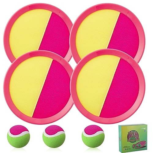 Beach Games, Outdoor Toys for Kids Ages 4-8, Toss and Catch Ball Set, with 4 Paddles 3 Balls, and 1 Storage Bag, Beach Toys Easter Gifts for Kids - color: Pink