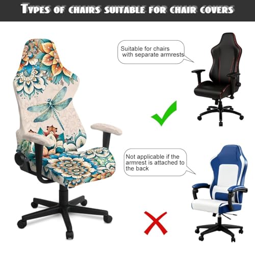 Dragonfly Print Gaming Chair Covers Slipcovers 4Pcs with Armrest Cover Boho Mandala Flower Print Gamer Desk Chair Covers Easy to Install Home Decorations - color: Brown - Dragonfly Boho Mandala Flower