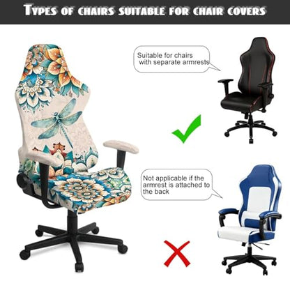 Dragonfly Print Gaming Chair Covers Slipcovers 4Pcs with Armrest Cover Boho Mandala Flower Print Gamer Desk Chair Covers Easy to Install Home Decorations - color: Brown - Dragonfly Boho Mandala Flower