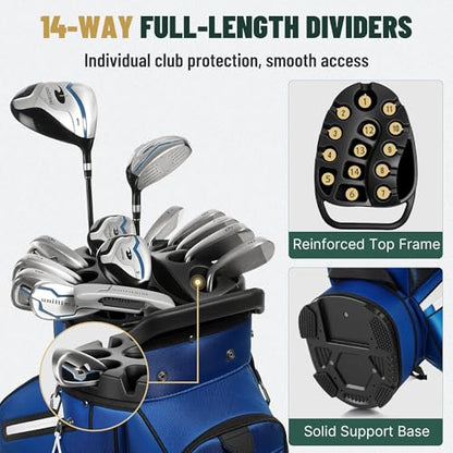 uniHimal Golf Cart Bag with 14-Way Full-Length Dividers, Golf Bag for Men Women with Magnetic Leather Pocket, Handles and Rain Cover, Lightweight Golf Club Bag Includes Cooler Pockets - color: White Blue