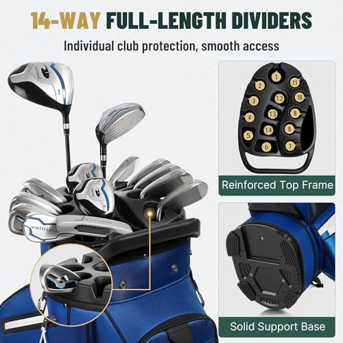 uniHimal T-Lock Golf Cart Bag with Quiet 14-Way Full-Length Divider Top | Golf Bag for Men with Magnetic Pocket, Cooler Pocket, Handle and Rain Cover - color: White Blue