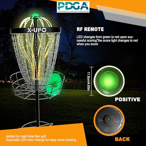 Portable Disc Golf Basket with 24 Chains and LED Sensor Lights for Night Practice - Stable Pole Base/12 Light Guide Strips