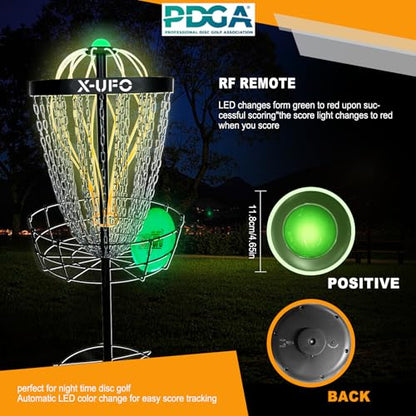 Portable Disc Golf Basket with 24 Chains and LED Sensor Lights for Night Practice - Stable Pole Base/12 Light Guide Strips