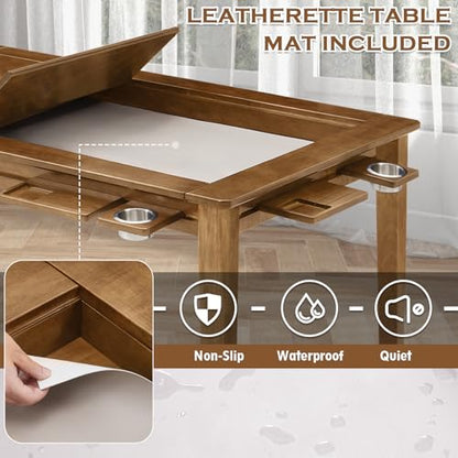 Haddockway 63" ×39“ Board Game Table with Removable Top, Solid Wood Dining/Gaming Table for 4-6 Players with Play Mat, 6 Detachable Cup Holders & 6 Hobby Trays (Light Walnut) - color: Light Walnut