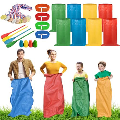 29 PCS Potato Sack Race Bags, Outdoor Games Sack Race Bags Set Includes 3-Legged Race Bands, Egg Spoon Relay Race, Plastic Medals, Carnival Outdoor Lawn Party Field Day Games for Adults & Family