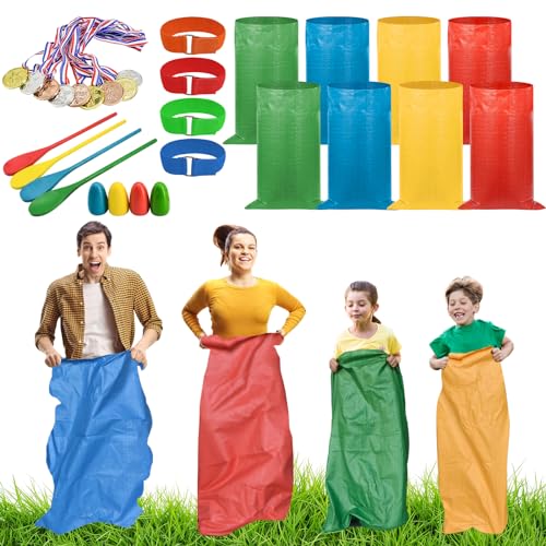 29 PCS Potato Sack Race Bags, Outdoor Games Sack Race Bags Set Includes 3-Legged Race Bands, Egg Spoon Relay Race, Plastic Medals, Carnival Outdoor Lawn Party Field Day Games for Adults & Family