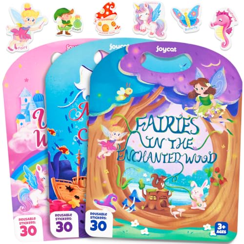 JoyCat Reusable Sticker Book Set (3-Pack): Unicorn, Fairies, Mermaid - 90 Pcs Stickers for Toddlers, Kids Sticker Activity Book, Road Trip Travel Toys, Party Favors, Birthday Gifts for Baby Girls - style: 3-Pack: Unicorn, Fairies, Mermaid
