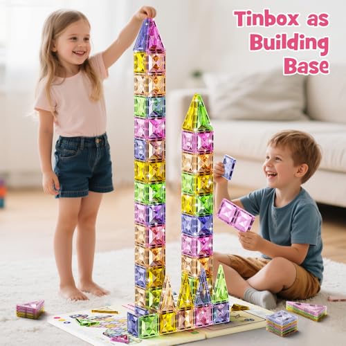 Magnetic Tiles for Kids Ages 4-8, Magnetic Blocks Travel Set with Diamond Surface & Metal Storage Box, 60PCS STEM Learning Toys, Educational Building Gifts for 3-8 Year Olds - style: Medium Magnetic Tiles - 60PCS