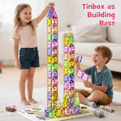 Magnetic Tiles for Kids Ages 4-8, Magnetic Blocks Travel Set with Diamond Surface & Metal Storage Box, 60PCS STEM Learning Toys, Educational Building Gifts for 3-8 Year Olds - style: Medium Magnetic Tiles - 60PCS