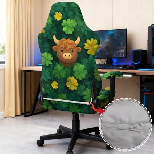 Suobstales Highland Cattle Shamrock Pattern Gaming Chair Covers Slipcovers Stretch Gamer Chair Cover with Armrest Covers Waterproof Fabric Non-Slip Universal Fit Rotating Gaming Chair Protector - color: Highland Cattle Shamrock