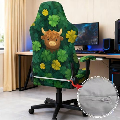 Suobstales Highland Cattle Shamrock Pattern Gaming Chair Covers Slipcovers Stretch Gamer Chair Cover with Armrest Covers Waterproof Fabric Non-Slip Universal Fit Rotating Gaming Chair Protector - color: Highland Cattle Shamrock