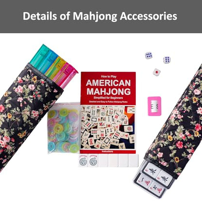 American Mahjong Game Set, 166 Premium White Tiles, 4 All-in-One Color Rack/Pushers, Complete Mahongg Tile Set，Flower Printed Carrying Bag (Rectangular, Black) - color: Black