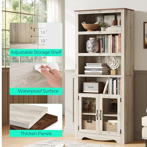 LINSY Bookshelf with Doors, 6 Shelf Bookcase Tall Bookshelves, 73" Farmhouse Book Shelf with Storage Cabinet, Wood Book Shelves for Living Room, Bedroom, Office, Rustic White - color: White