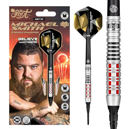 Shot! Darts Soft Tip, Michael Smith Believe (18g / 20g), 90% Tungsten Barrel, Front Weighted, Handcrafted Professional Dart Set & Flights Made in New Zealand, Plastic Tip for Electronic Dartboard