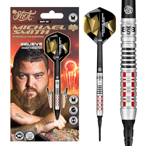 Shot! Darts Soft Tip, Michael Smith Believe (18g / 20g), 90% Tungsten Barrel, Front Weighted, Handcrafted Professional Dart Set & Flights Made in New Zealand, Plastic Tip for Electronic Dartboard