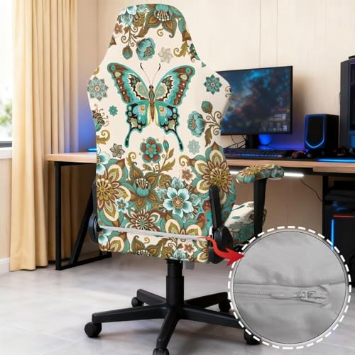 Butterfly Print Gaming Chair Cover with Armrest Covers Boho Mandala Flower Print Computer Chair Seat Slipcovers Universal Fit for Desk/Swivel/Rotating Chairs Protector - color: Brown - Butterfly Boho Mandala Flower