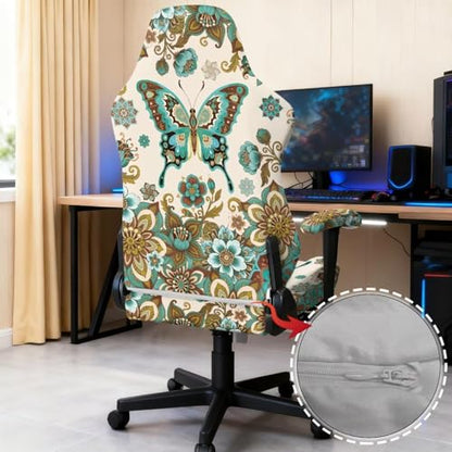 Butterfly Print Gaming Chair Cover with Armrest Covers Boho Mandala Flower Print Computer Chair Seat Slipcovers Universal Fit for Desk/Swivel/Rotating Chairs Protector - color: Brown - Butterfly Boho Mandala Flower