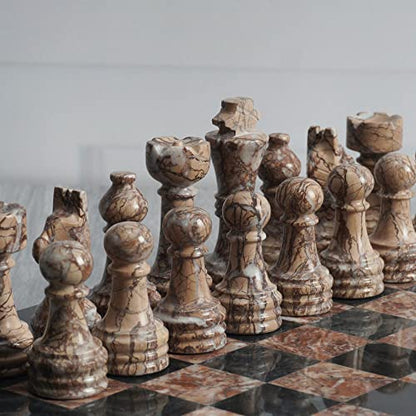 Radicaln Marble Chess Pieces 3.5" Handmade Black & Marinara Chess Figures | Natural Stone, Hand Polished, Premium Finish, 32 playing Pieces, Unique Veining, Timeless Design - color: Black and Marinara