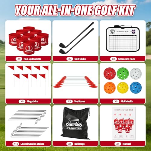Deluxe Backyard Golf Game, 9 Hole Portable Golf Yard Game Set with Clubs Buckets Balls, Outdoor Golf Course Chipping Practice for Lawn, Park, Beach, Camping - Fun Golf Bundle Gift for Adults & Family