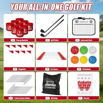 Deluxe Backyard Golf Game, 9 Hole Portable Golf Yard Game Set with Clubs Buckets Balls, Outdoor Golf Course Chipping Practice for Lawn, Park, Beach, Camping - Fun Golf Bundle Gift for Adults & Family