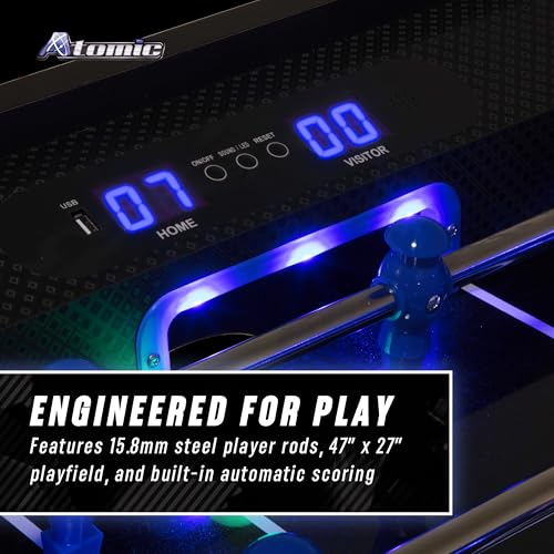 Atomic Azure LED Foosball Table – Light Up Arcade Style Table with In-Rail LED Lighting, Music, Electronic Scoring, Glow Foosball, 47” x 27” Playfield