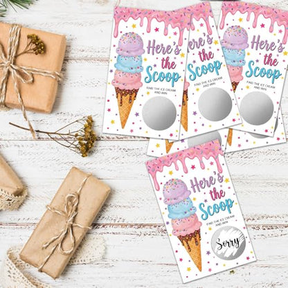 50 Pcs Here's The Scoop Summer Themed Scratch off Game Cards, Ice Cream Scratch Card for Baby Shower Sweet Birthday Party, Gender Reveal Shower Lottery Activity Group Games - color: Pink Purple